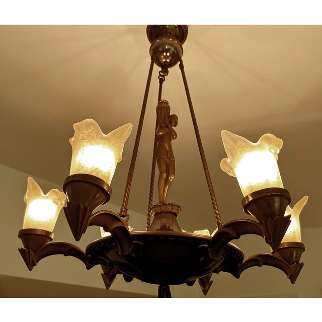 Large Art Deco Sculptural Chandelier in Bronze and Glass, 1930s For Sale - Image 17 of 18
