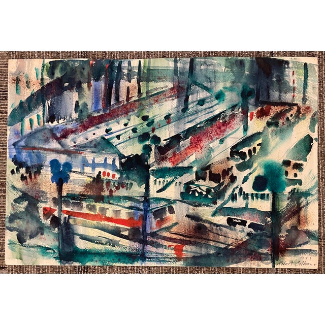 Mid-Century Modern 1951 Robert Colborne City Street Scene Watercolor For Sale - Image 3 of 3
