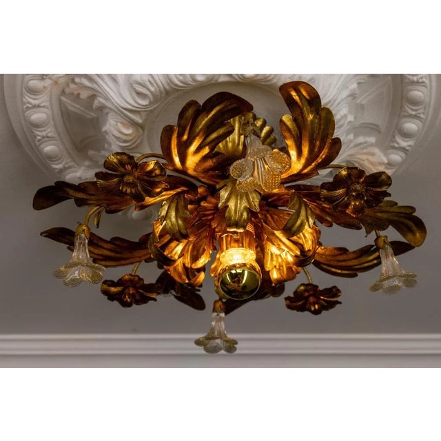 1970s Italian Hollywood Regency Gilt Metal and Glass Flower Ceiling Light, 1970s For Sale - Image 5 of 18