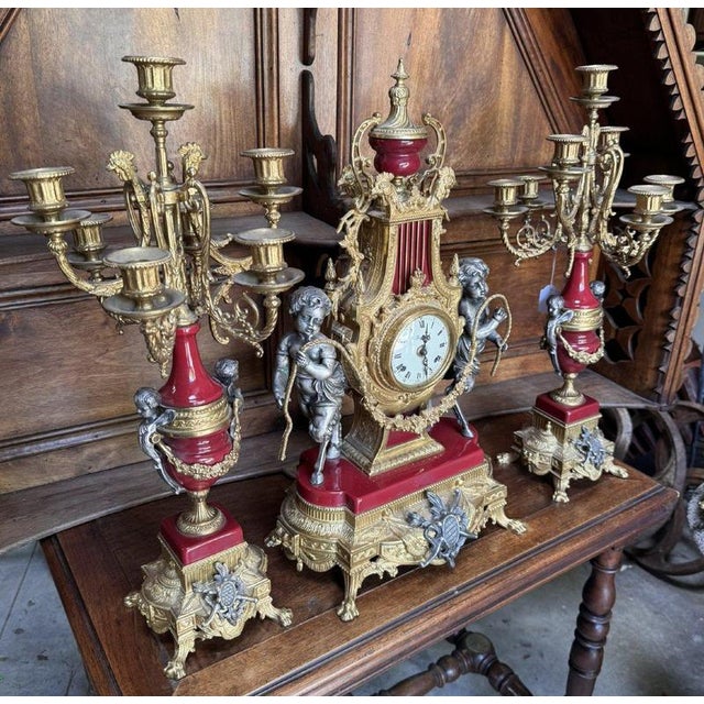Baroque Louis XV Clock and Candelabras in Bronze and Red Marble, Set of 3 For Sale - Image 3 of 9
