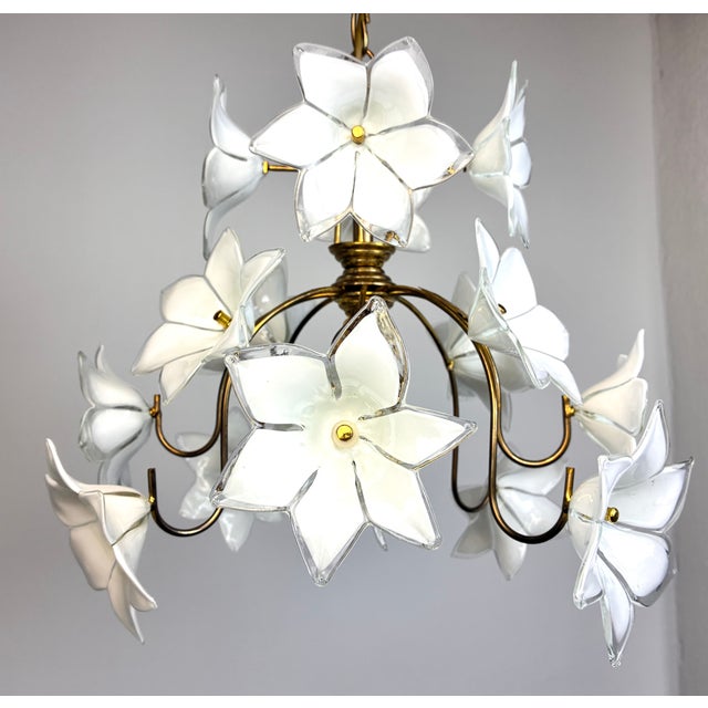 Vintage Murano Style Glass Flower Chandelier, White Floral Ceiling Light, Italian Romantic Bedroom Lighting - a Pair For Sale - Image 4 of 16