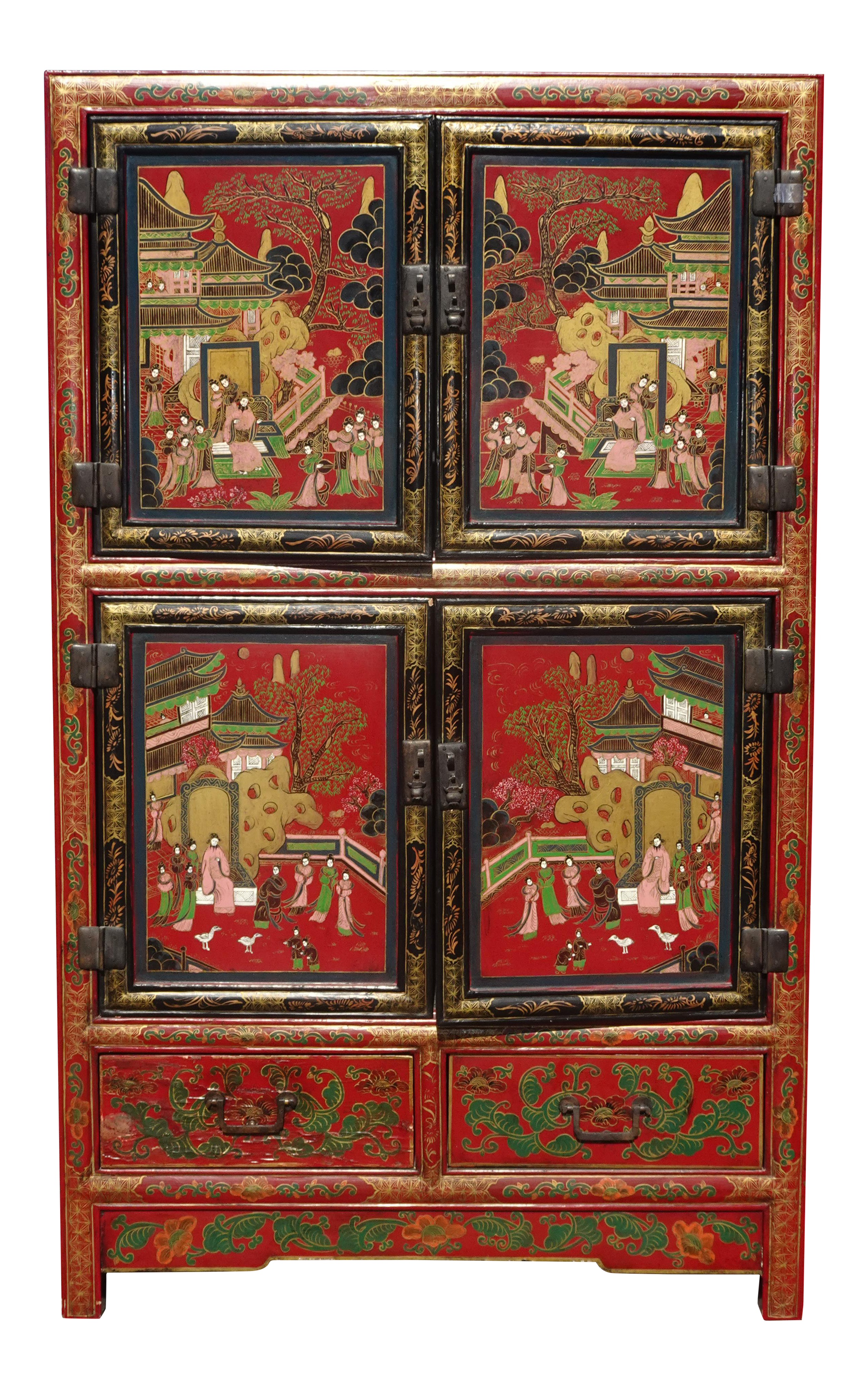 Vintage Red Lacquer Chinese Oriental Asian Storage Cabinet French Country Dresser - image 0