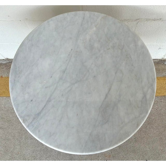 Stylish Modern White Marble Side Table, textured black metal frame, showroom floor sample