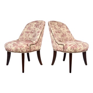 Modern Slipper Chairs in French Country Toile Upholstery For Sale