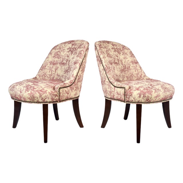 Modern Slipper Chairs in French Country Toile Upholstery For Sale