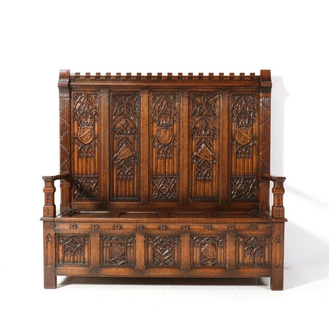 Wood Gothic Revival Oak High Back Hall Bench, 1900s For Sale - Image 7 of 13