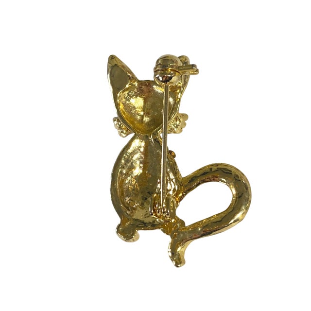 Vintage Pave Clear Rhinestone Cat Brooch Gold Toned Costume Jewelry For Sale - Image 4 of 4