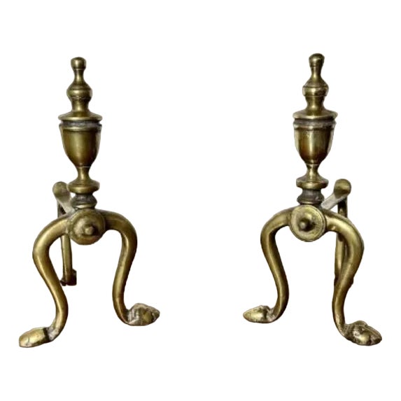 Antique Victorian Brass Fire Dogs, 1860, Set of 2 For Sale