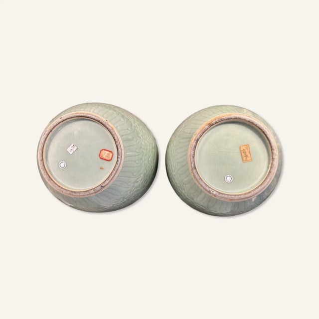 Pair of Early 19th Century Chinese Green Celadon Pots With Dragon, Ruyi, and Wave Motifs For Sale - Image 4 of 7