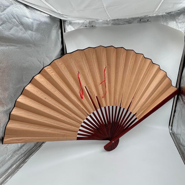 Vintage Large Chinoiserie Silk Wall Fan Heron Crane and Lotus Flower Wall Decor For Sale - Image 11 of 12