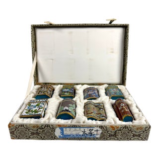 Vintage Chinese Cloisonné Small Canister Jar Set - 8 Canisters W/ Original Box For Sale
