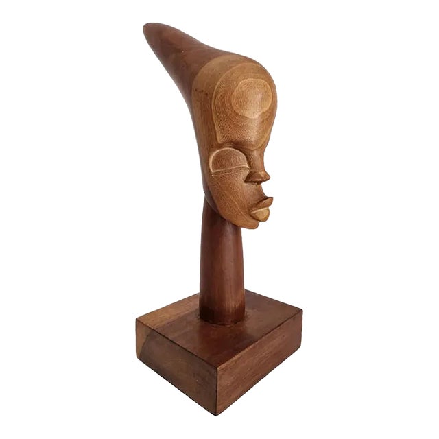 Vintage African Hand Carved Wood Head Bust Sculpture, Artist Signed For Sale