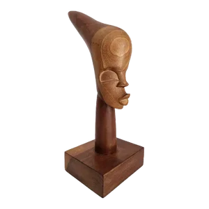 Vintage African Hand Carved Wood Head Bust Sculpture, Artist Signed