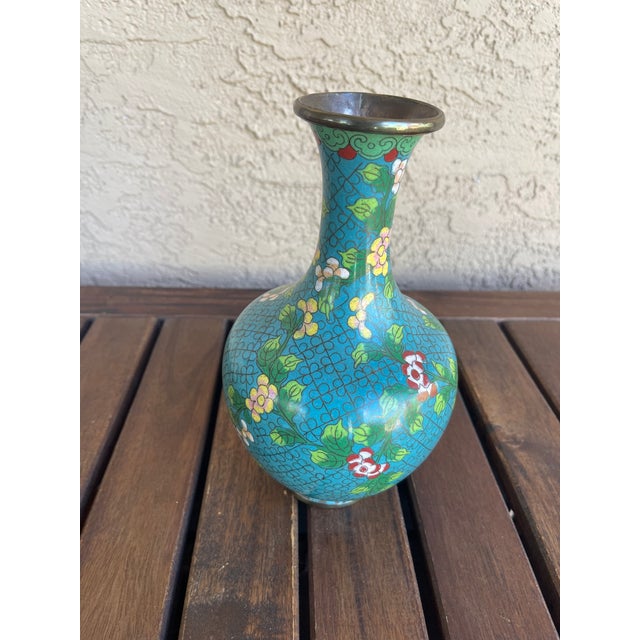 Chinese Mid Century Chinese Cloisonné Teal Enamel Vase For Sale - Image 3 of 8