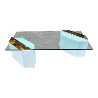 1980s Plaster Brass and Glass Coffee Table For Sale