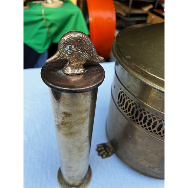 Metal Vintage Footed Pierced Brass Coal Scuttle Bucket and Tall Duck Matchstick Holder For Sale - Image 7 of 12
