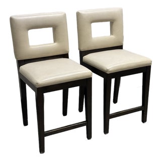 Bespoke Leather + Wood Counter Stools, Pair For Sale