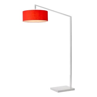 Stretch 75"h 1-Light Chairside Arc Lamp, Crimson Red Linen Shade, White Body, Dimmable, for Living Room or Bedroom For Sale