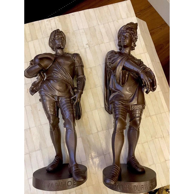 Pair Antique Patinated Metal Sculptural Statues of English Literary Figures, Ivanhoe & Durward For Sale - Image 10 of 10