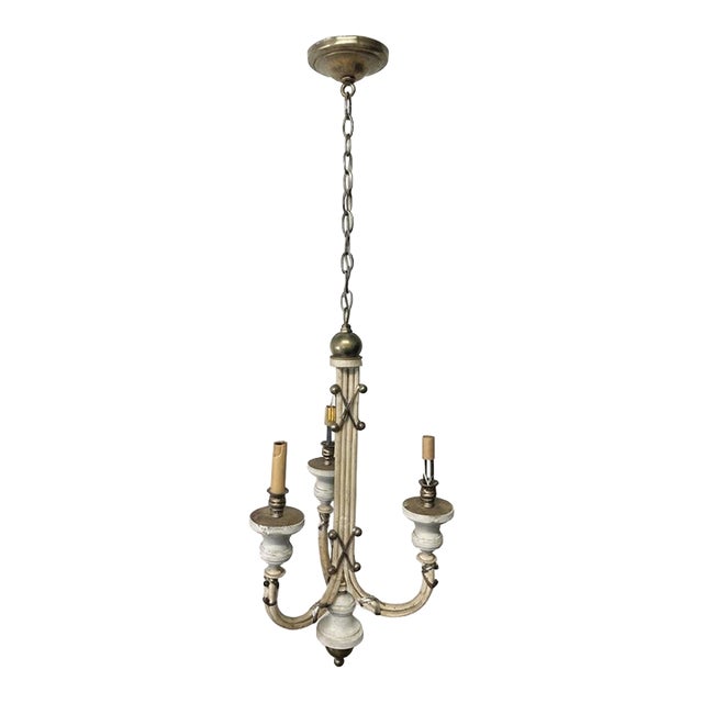 Vintage Hart Associates Distressed White & Brass 3-Light Chandelier For Sale