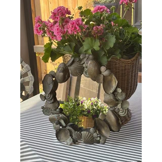 Traditional Vintage Coastal Palm Beach Style / Dresden Style Patinated Brass Seashell Mirror For Sale - Image 3 of 13