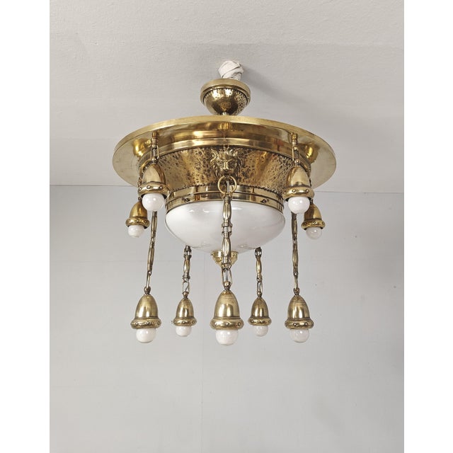 Gold Art Nouveau Ceiling Lamp with Lion Heads, 1900s For Sale - Image 8 of 15