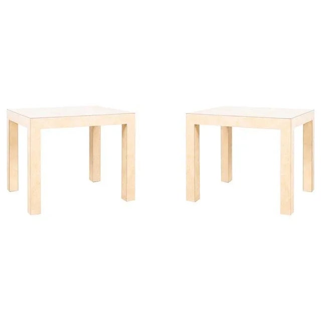 Paper Mid 20th Century Pair of Chic Parsons Cream Parchment Laminate End Tables For Sale - Image 7 of 7