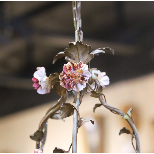 Ivory Early 20th Century French Three-Light Tole Chandelier With Porcelain Flowers For Sale - Image 8 of 11
