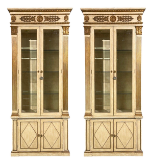 French Regency, Monumental Bookcases, Cream Painted Wood, Gilt, France, 19th C.