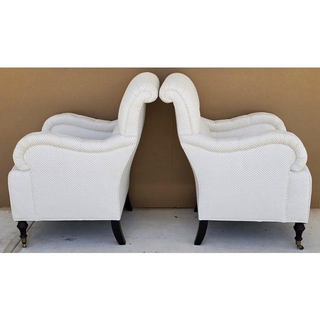 Metal Baker Furniture English Country Scroll Arm Lounge Chairs in White Herringbone Casters Pair For Sale - Image 7 of 17