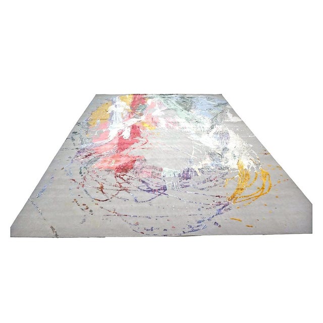 Indo-Napalese Modern Sima Wool & Silk 12x15 Grey & Multi Color Handmade Area Rug #1144026 For Sale In Houston - Image 6 of 8