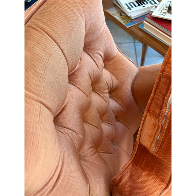 Vintage Salmon Pink Tufted Skirted Corded Velvet Swivel Club Chairs - A Pair For Sale - Image 16 of 17