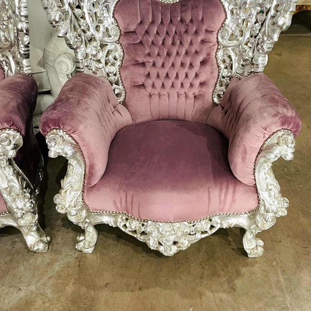 Rococo Rococo Style Throne Chair Set of 2 – Purple Mauve Velvet With Silver Leaf Hand-Carved Frame For Sale - Image 3 of 6