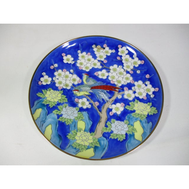 Art Deco 1960s Hand Painted Asian Royal Blue Pheasant Plate For Sale - Image 3 of 6