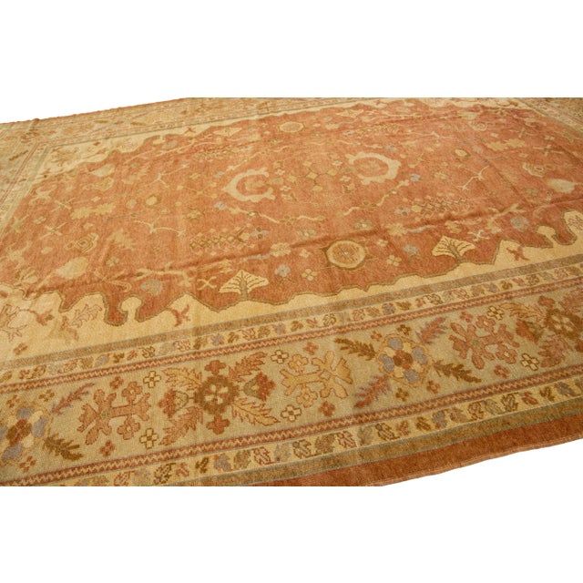 Modern Turkish Oushak Tan Handmade Wool Rug With Allover Design For Sale In New York - Image 6 of 7
