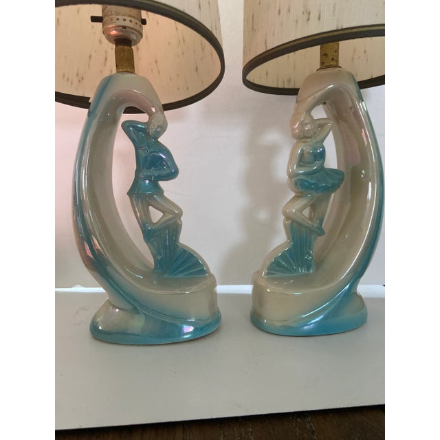 Vintage Turquoise Blue Ceramic Boudoir Lamp A Pair Beautiful iridescent pearl white and Turquoise blue Figure lamps With...