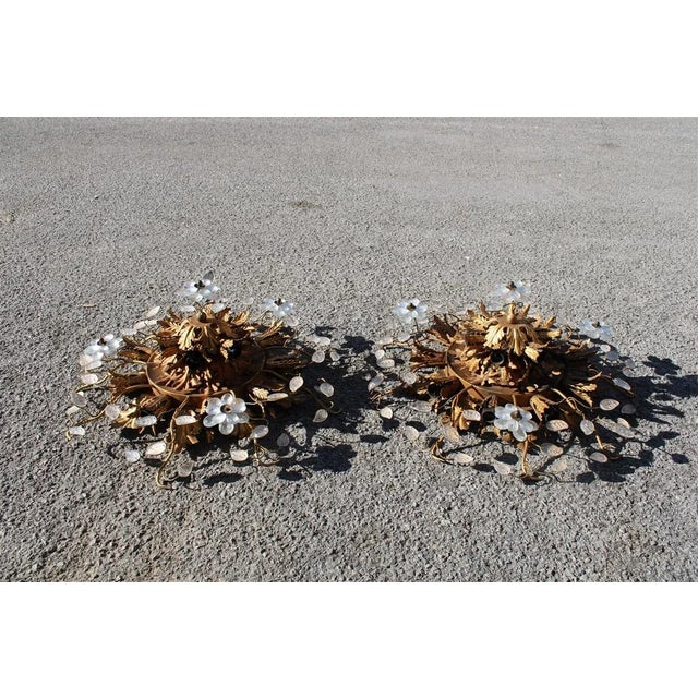 French Ceiling Lights in Floral Golden Metal and Crystals, 1950s, Set of 2 For Sale - Image 4 of 14