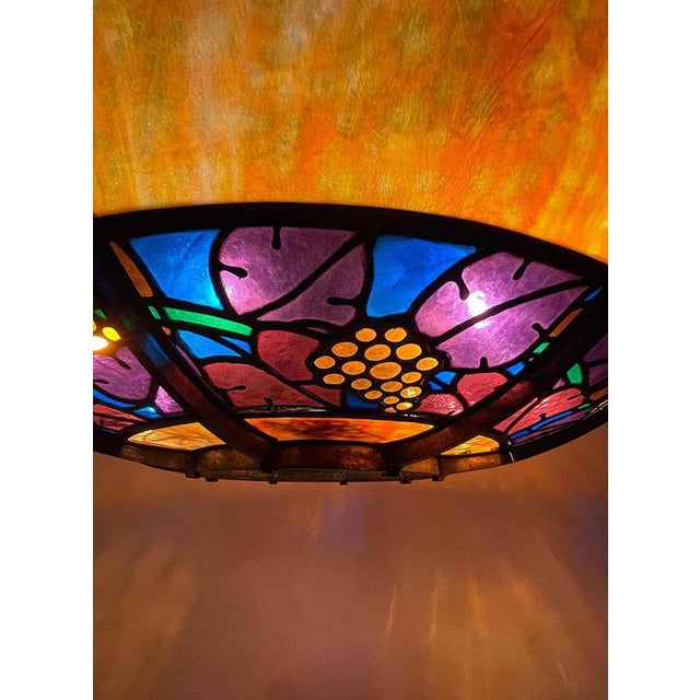 Blue Large French Round Stained Glass Chandelier, 1900s For Sale - Image 8 of 17