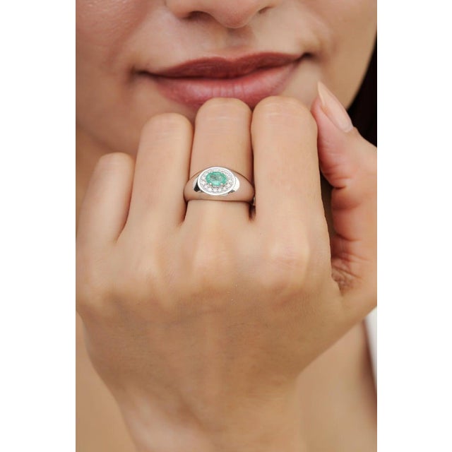 Emerald Emerald & Diamond Halo Statement Cocktail Ring in Sterling Silver, Size 8.5 For Sale - Image 8 of 12