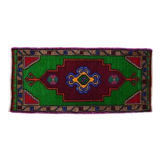 1970s Hand Made Rug. Colorful Floral Oushak Rug, Bath Mat, Kitchen Sink Decor 1'6" X 3'3" For Sale