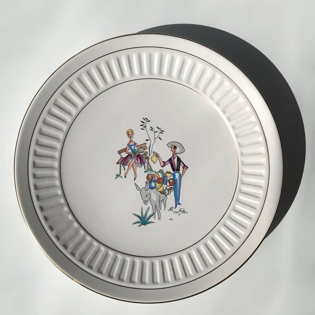 Stylish 50's set of 12 cake/bread plates and one large cake platter. The decor is Mediterranean inspired, with stylized...