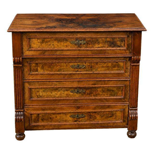 Antique Louis Philippe Chest of 4 Drawers in Walnut and Burl Veneer, 1920s For Sale