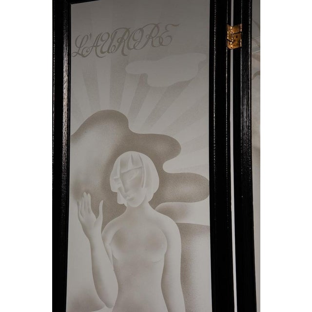 Engraved Glass Folding Screen with Oak Frame by Laurencin, 1937 For Sale - Image 9 of 17