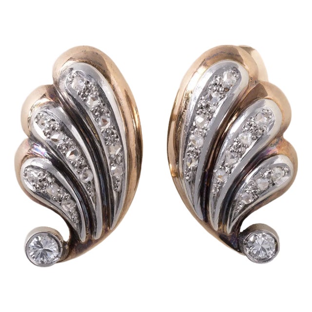 Mid 20th Century Retro Two-Toned 18k/Plat 0.50 Carat Diamond Leaf Earrings, A Pair For Sale