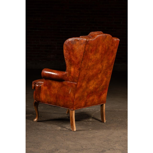 Mid 20th Century Tufted Leather Wingback Armchair in Burnt Amber For Sale In Chicago - Image 6 of 17