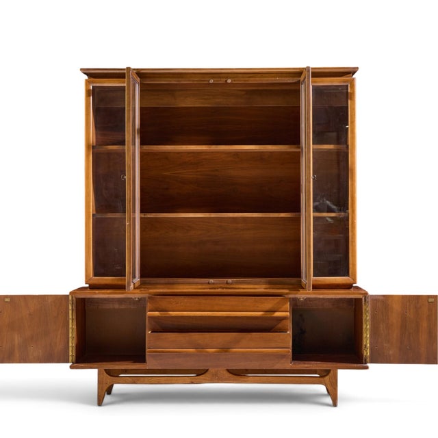 Young Manufacturing Mid Century Walnut Curved Credenza and Hutch For Sale - Image 11 of 11