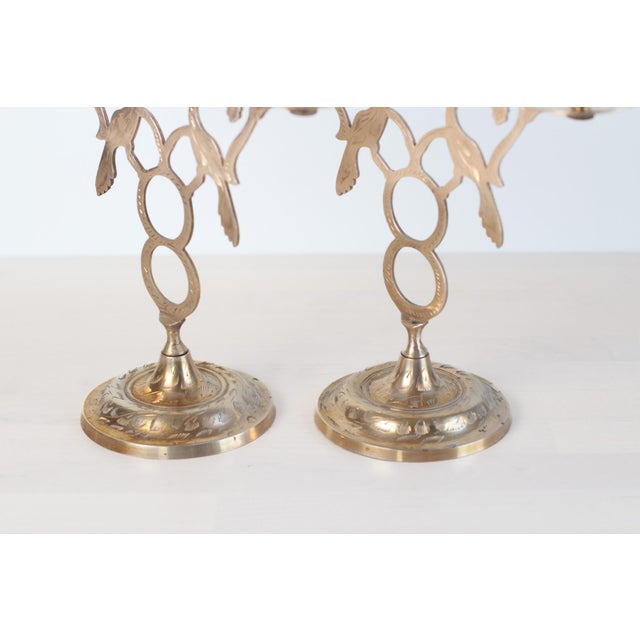 Brass Peacock Three-Arm Candelabras With Pierced Filigree For Sale - Image 11 of 12
