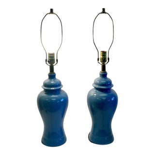 Vintage Mid-Century Modern Glossy Blue Ginger Jar Ceramic Table Lamps - 2 Piece For Sale
