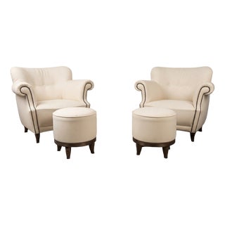 Vintage Lounge Chairs and Ottomans in Cream, 1940s, Set of 4 For Sale