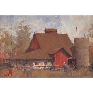 Red Sentinel by Judd Mercer | Gouache Painting of a red barn and silo in a rural setting For Sale
